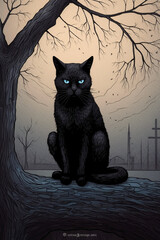 A black cat sitting on a tree. AI generative