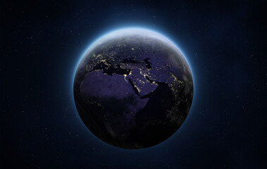 Obraz na płótnie Canvas Planet Earth at night. Europe, Africa and Asia at night viewed from space with city lights. Human activity in Germany, France, Spain and other countries. Elements of this image furnished by NASA.