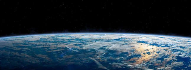Planet Earth in outer space. Panoramic view of the Earth, stars and galaxy. Wide horizontally image. Elements of this image furnished by NASA. - obrazy, fototapety, plakaty