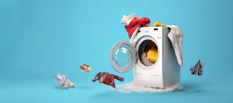 washing machine with pile of clothes and foam as wide banner for buying new washing machine or household work with copy space area - Generative AI