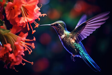 Fototapeta premium Hummingbird in flight, drinks from a flower. Generative AI