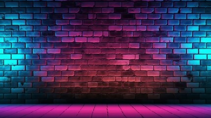 A brick wall illuminated by vibrant red, blue, and purple lights. Generative ai