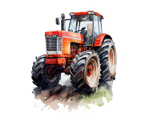 Tractor. Watercolor composition tractor on a white background. Agricultural machinery. Ideal for postcard, advertisement, book, poster, banner. Vector illustration