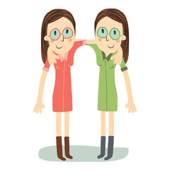 Vector illustration of twin sisters. Two identical girls hugging each other.