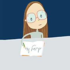 Vector illustration of a young woman with dyslexia having difficulty writing in a book
