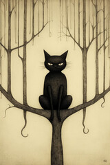 A black cat sitting on a tree. AI generative