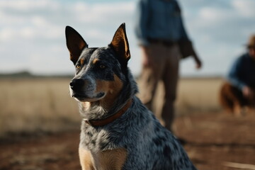 Blue heeler or australian cattle dog sitting  at farm generative ai