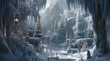 A magical snow-covered forest, with sparkling icicles hanging from the branches and woodland creatures peeking out from behind snowy mounds Generative AI