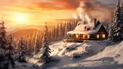 A cozy cabin nestled in a snow-covered valley, with smoke rising from the chimney and warm light glowing through frost-covered windows Generative AI