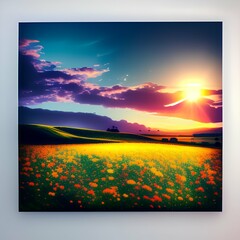 when rolling hills and a bright sunrise break over a lush field of flowers, surrounded by the sky, the dawn dawn - generative ai