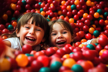 Fototapeta na wymiar Children playing in ball pit on indoor playground, generative ai