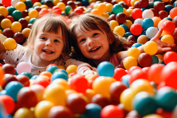 Fototapeta na wymiar Children playing in ball pit on indoor playground, generative ai