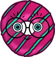 Cute Smiling Donut Cartoon Character Wearing Eyeglass, Pastry Food Illustration 2