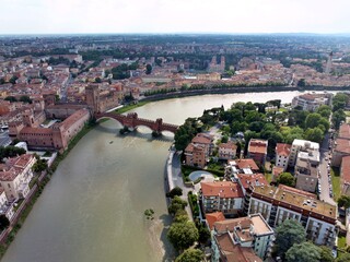 Aerial view of Verona city with the bridge over the adige river leading to Castelvecchio the castle...