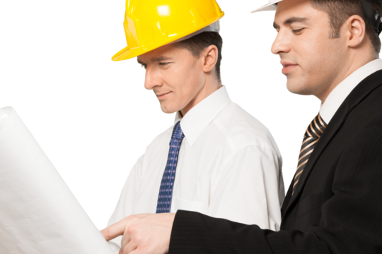 Two Male Architects Looking at Plan, Isolated