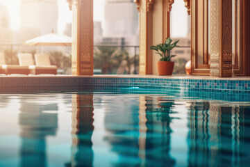 Obraz na płótnie Canvas Close-up of exquisite oriental hotel lobby in new modern luxury travel hotel. Generative AI