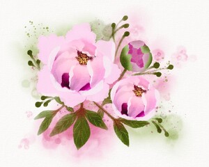 Watercolor drawing of peonies flowers with leaves, digital freehand drawing.