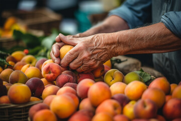 Close-up of hands arranging or picking fruit at a fruit market.Generative AI