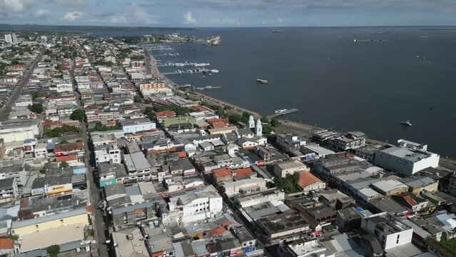 Aerial view of Santarem cityscape on Amazon river Amazonia State Brazil drone fly above waterfront with port 