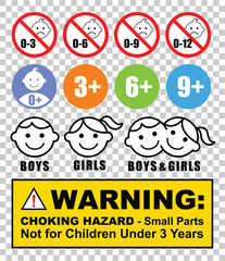 Warning Caution - Choking hazard small parts - not suitable for children under 3 years - Symbol 0-3 3+ 6+ 9+ ages sign vector illustration labels stickers	
