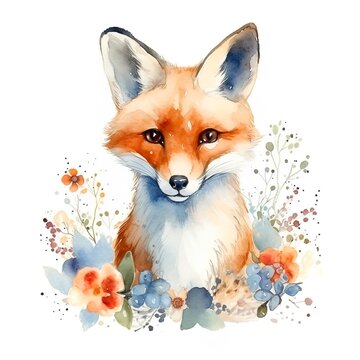 watercolor portrait of a red fox surrounded by flowers clipart on a white background. generated ai