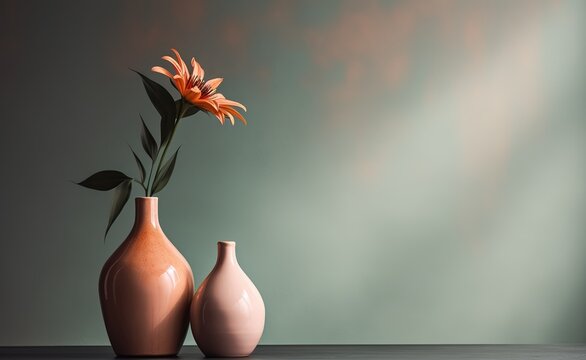 minimalism photo two modern terracotta vases with an orange flower on a table with copy space. generated ai