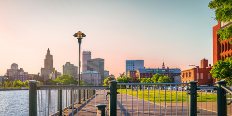 Providence downtown skyline and buildings at sunset over Providence River Walk, Rhode Island, a beautiful modern city with natural parks and open space