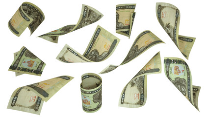 3D rendering of Eritrean Nakfa notes flying in different angles and orientations isolated on transparent background