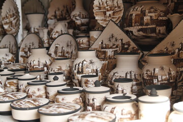Fototapeta na wymiar Rows of pots. Artisanal Pottery art in safi city - Morocco
