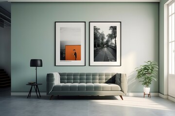 Obraz na płótnie Canvas minimal design appartment, a wall with a picture frame, modern living-room, colourful furniture, perpendicular composition, center perspective, very detailed, photorealistic, photographic, Eastman Kod