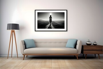 minimal design appartment, a wall with a picture frame, modern living-room, colourful furniture, perpendicular composition, center perspective, very detailed, photorealistic, photographic, Eastman Kod - obrazy, fototapety, plakaty
