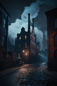 A dark Victorian industrial district, Coal fog, wet and dirty street, Peaky Blinders style