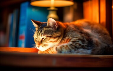 Cat's Dreamland: A Wood-Framed Naptime on a Bookshelf, Generative AI