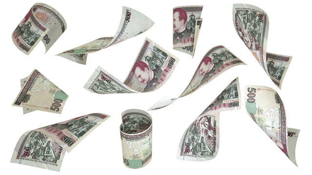 3D rendering of Honduran Lempira notes flying in different angles and orientations isolated on transparent background