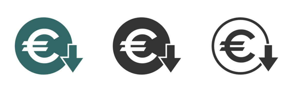 Cost reduction vector signs. Euro decrease vector icons