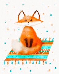 Cartoon children's watercolor drawing of a cute orange fox cub sits on a colorful rug, yellow and blue stars around it on a white background digital freehand drawing.