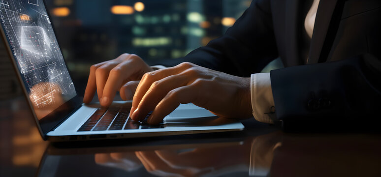 Close up of a male hand typing on a laptop with futuristic technology graphs displayed on screen on a dark blue background