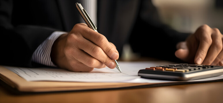 Close up hands of accountant using calculator to calculate taxes IRS