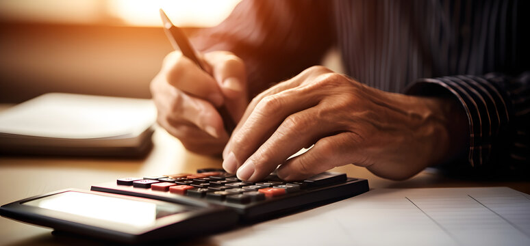 Close up hands of accountant using calculator to calculate taxes IRS