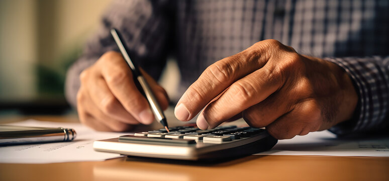 Close up hands of accountant using calculator to calculate taxes IRS