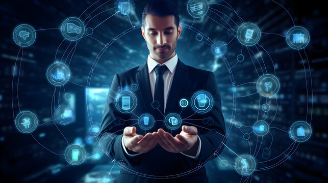 Businessman using a futuristic hologram screen display to move floating technological icons
