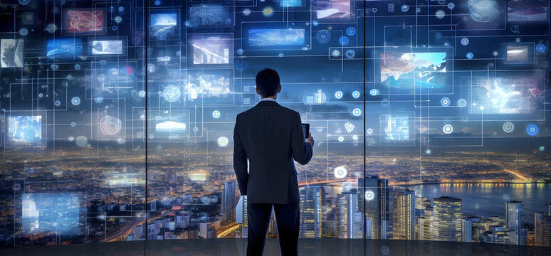 Businessman looking through big windows to a futuristic technological cityscake with holograms an graphs floating around in the background