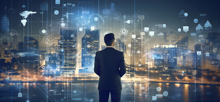 Businessman looking in a giant screen a futuristic technological cityscake with holograms an graphs floating around in the background