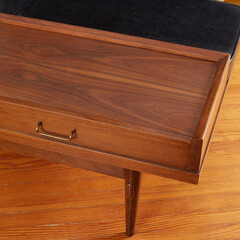 Wooden coffee table with a cocktail bench. Unique Mid-Century Modern furniture. 