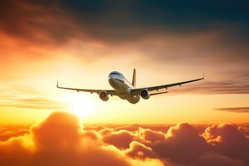 Obraz premium Passengers commercial airplane flying above clouds. Generative ai