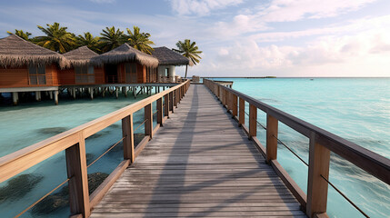 Fototapeta premium A lovely beach house with a wooden jetty