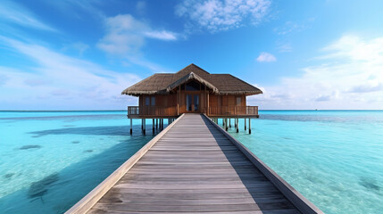 A lovely beach house with a wooden jetty