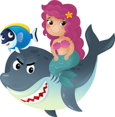 cartoon scene with mermaid princess and shark swimming together having fun with coral reef fishes isolated illustration for kids