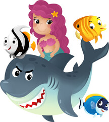 cartoon scene with mermaid princess and shark swimming together having fun with coral reef fishes isolated illustration for kids