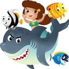 Fototapeta premium cartoon scene with mermaid princess and shark swimming together having fun with coral reef fishes isolated illustration for kids